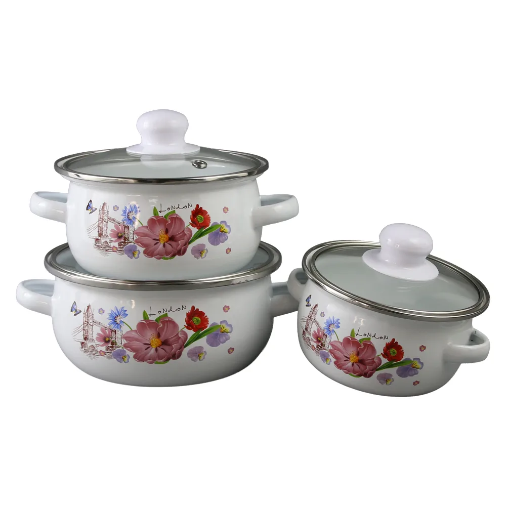 Set 3 cratite emailate cu capac 16 / 14 / 12 cm "London" cu flori Set 3 cratite emailate cu capac 16 / 14 / 12 cm "London" cu flori