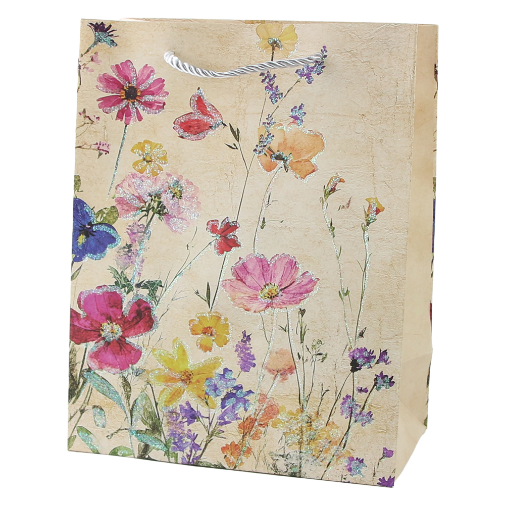 Punga cadou din hartie 18 x 23 cm cu flori de camp si sclipici Punga cadou din hartie 18 x 23 cm cu flori de camp si sclipici