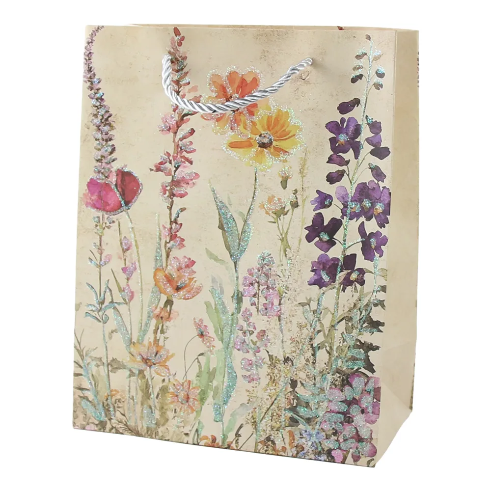 Punga cadou din hartie 18 x 23 cm cu flori de camp si sclipici Punga cadou din hartie 18 x 23 cm cu flori de camp si sclipici