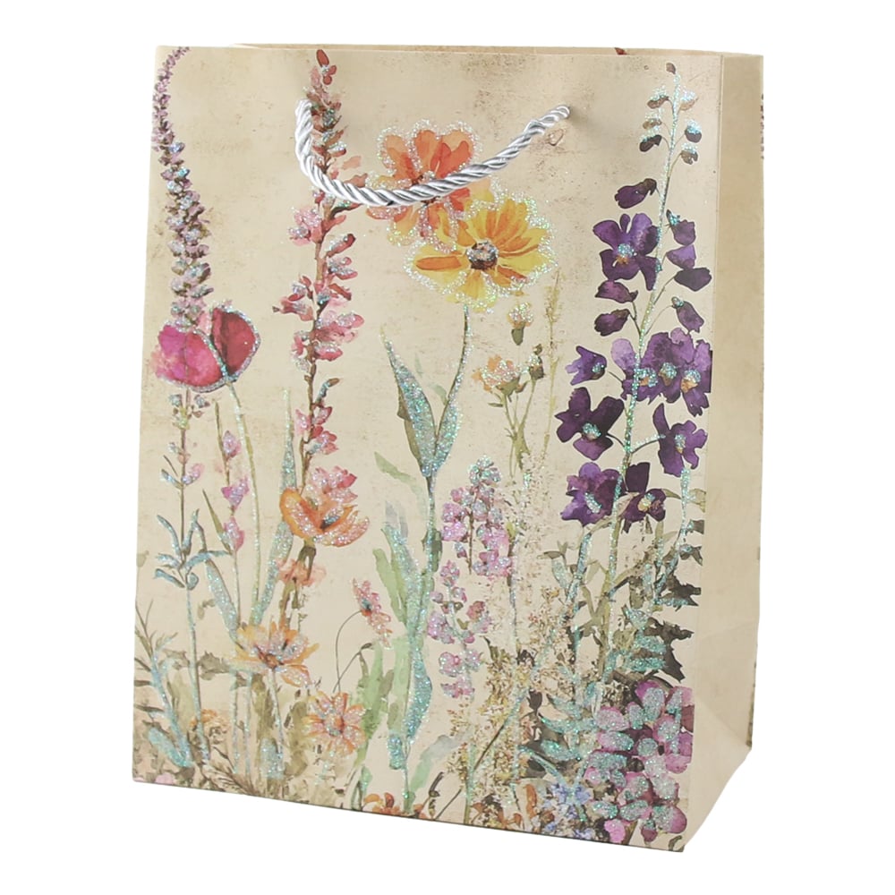 Punga cadou din hartie 18 x 23 cm cu flori de camp si sclipici Punga cadou din hartie 18 x 23 cm cu flori de camp si sclipici
