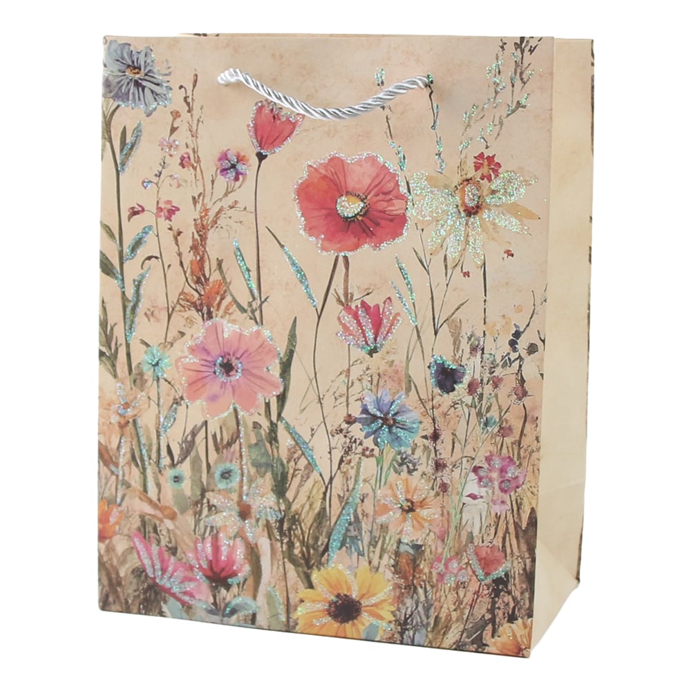 Punga cadou din hartie 18 x 23 cm cu flori de camp si sclipici Punga cadou din hartie 18 x 23 cm cu flori de camp si sclipici