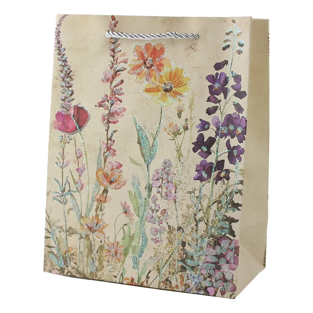 Punga cadou din hartie 26 x 32 cm cu flori de camp si sclipici Punga cadou din hartie 26 x 32 cm cu flori de camp si sclipici
