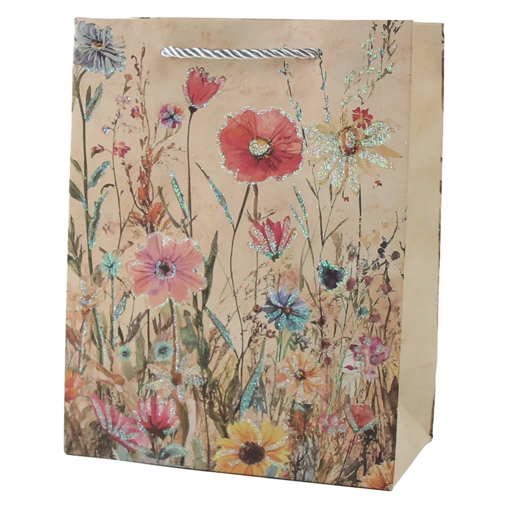 Punga cadou din hartie 26 x 32 cm cu flori de camp si sclipici Punga cadou din hartie 26 x 32 cm cu flori de camp si sclipici