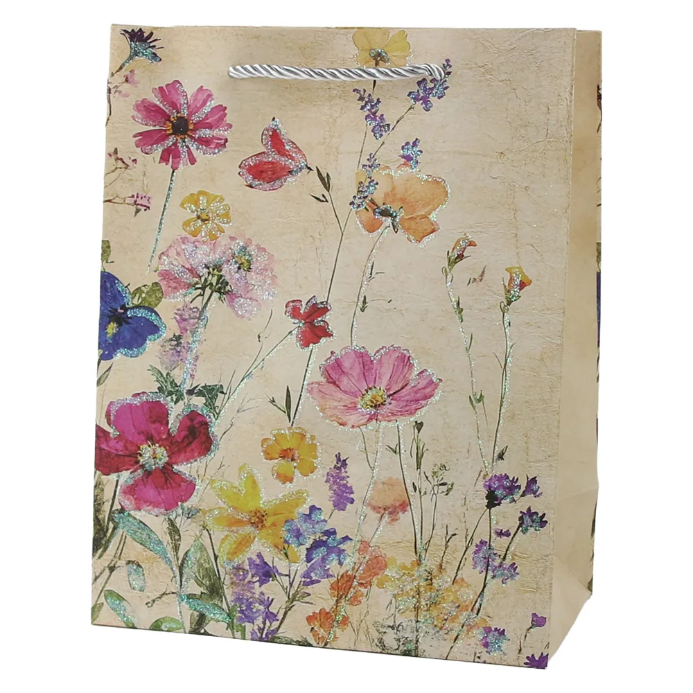 Punga cadou din hartie 26 x 32 cm cu flori de camp si sclipici Punga cadou din hartie 26 x 32 cm cu flori de camp si sclipici