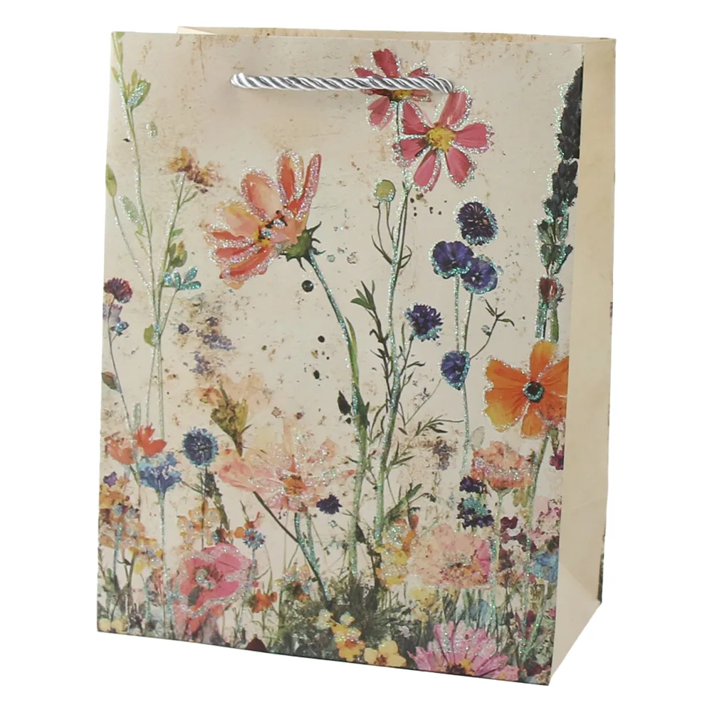 Punga cadou din hartie 26 x 32 cm cu flori de camp si sclipici Punga cadou din hartie 26 x 32 cm cu flori de camp si sclipici