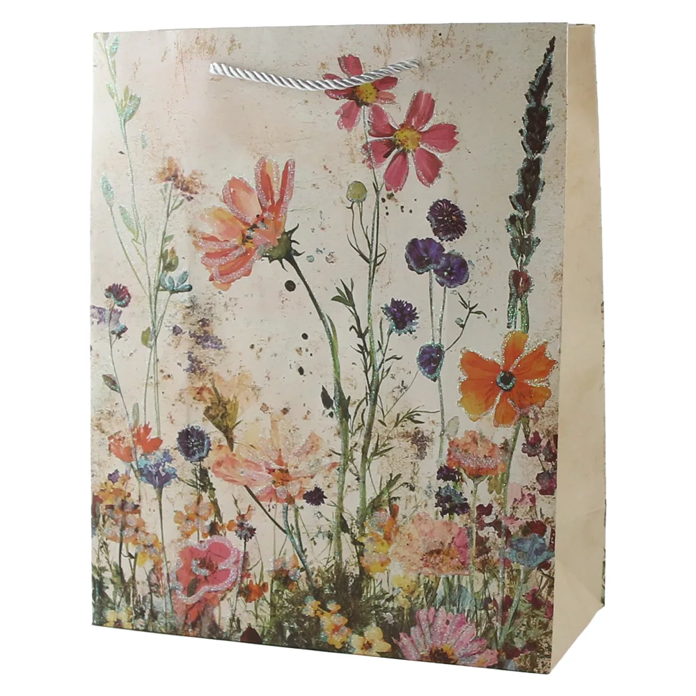 Punga cadou din hartie 30 x 40 cm cu flori de camp si sclipici