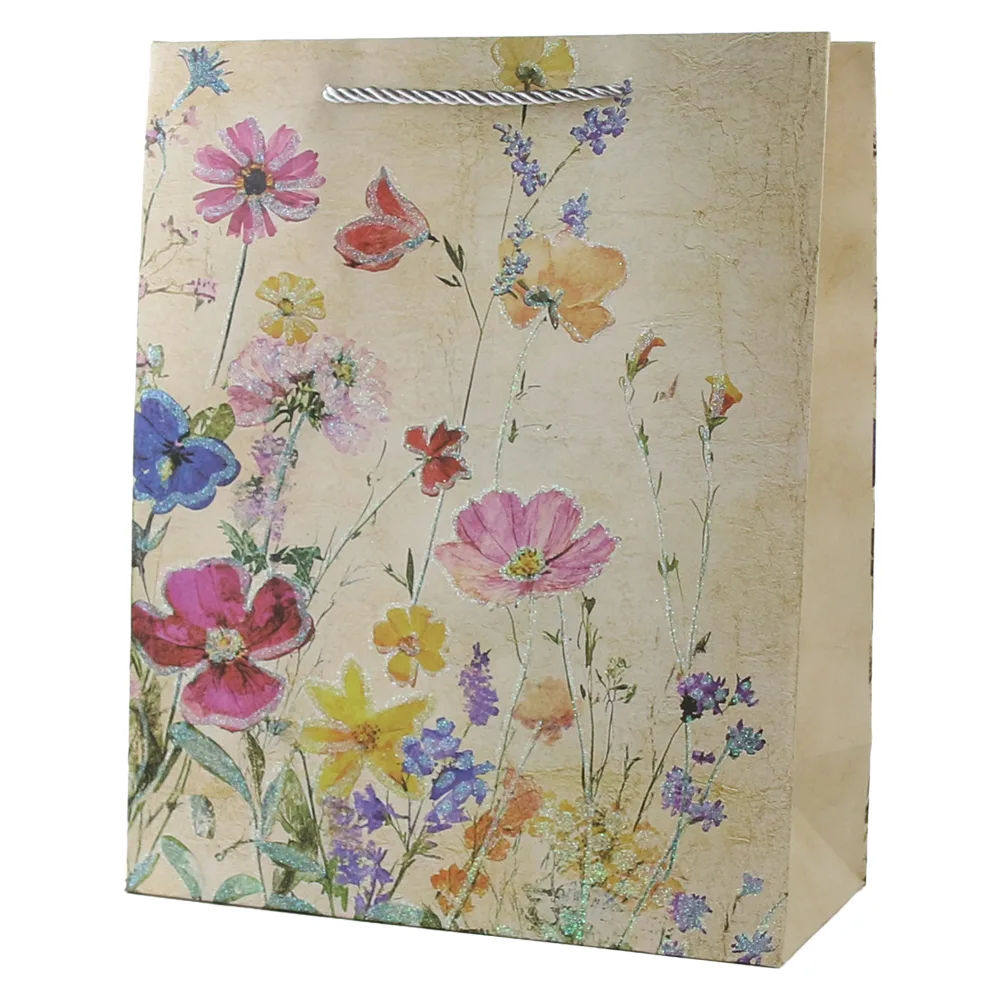 Punga cadou din hartie 30 x 40 cm cu flori de camp si sclipici