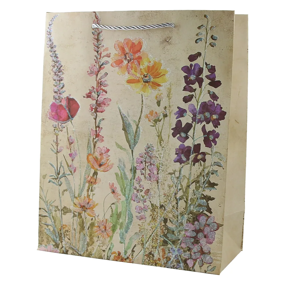 Punga cadou din hartie 30 x 40 cm cu flori de camp si sclipici