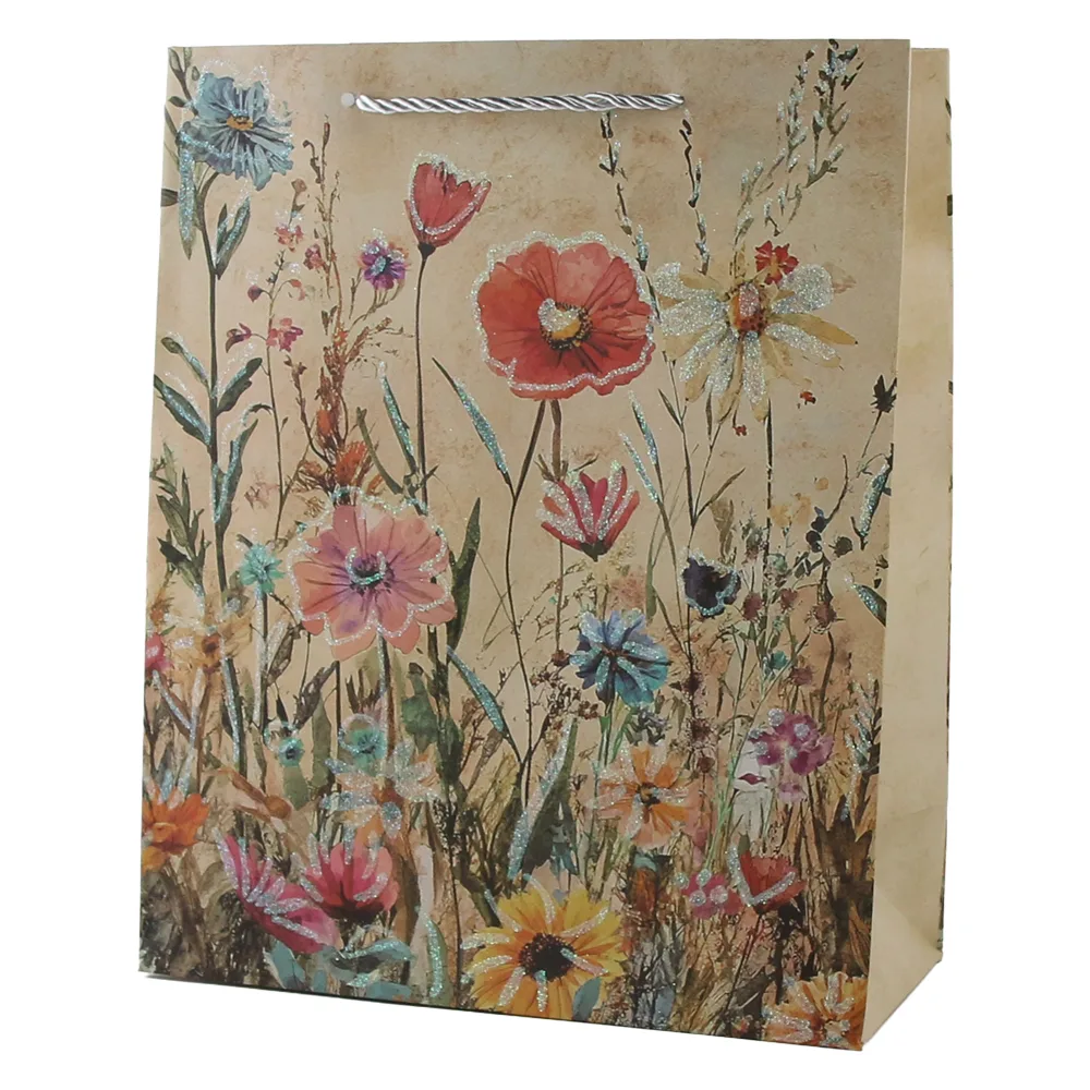 Punga cadou din hartie 30 x 40 cm cu flori de camp si sclipici