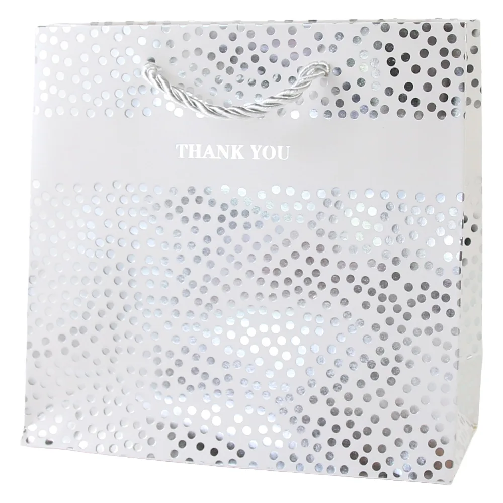 Punga cadou din hartie 15 x 14 cm "Thank you" cu buline argintii Punga cadou din hartie 15 x 14 cm "Thank you" cu buline argintii