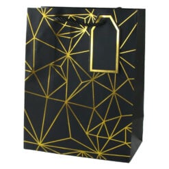 Punga cadou din hartie 18 x 23 cm cu eticheta si forme geometrice aurii