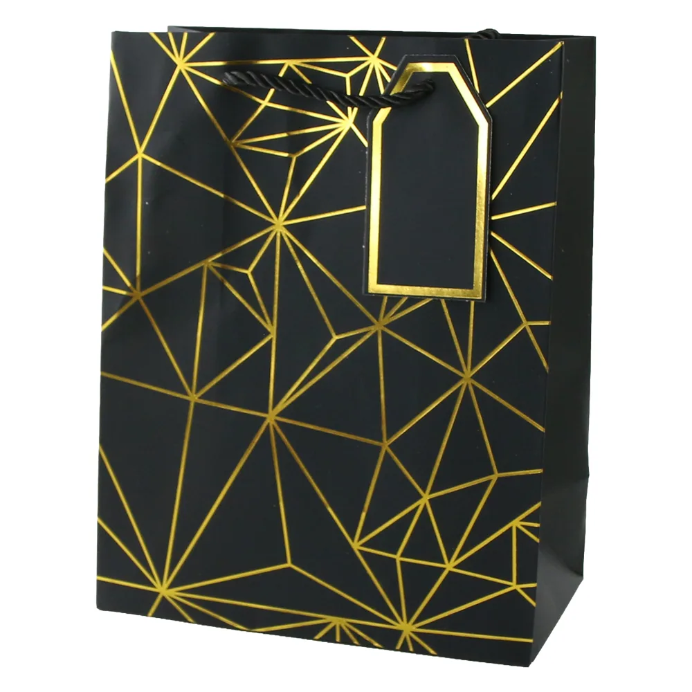 Punga cadou din hartie 18 x 23 cm cu eticheta si forme geometrice aurii