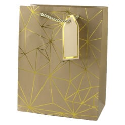 Punga cadou din hartie 18 x 23 cm cu eticheta si forme geometrice aurii