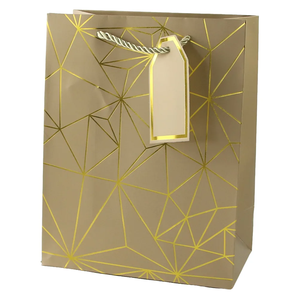Punga cadou din hartie 18 x 23 cm cu eticheta si forme geometrice aurii