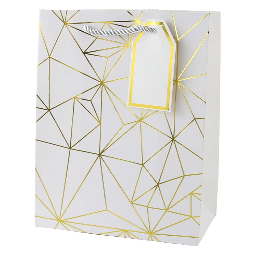 Punga cadou din hartie 18 x 23 cm cu eticheta si forme geometrice aurii