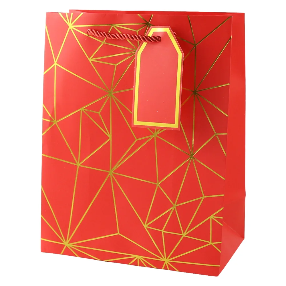 Punga cadou din hartie 18 x 23 cm cu eticheta si forme geometrice aurii