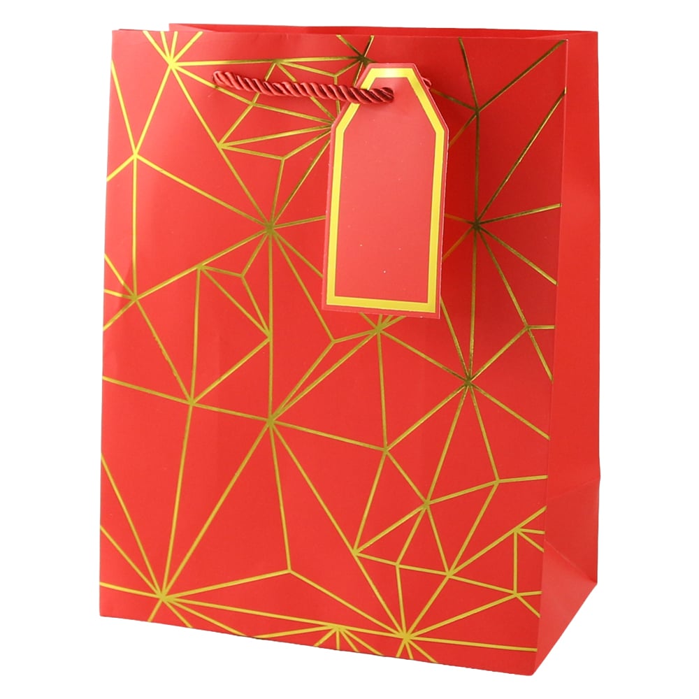 Punga cadou din hartie 18 x 23 cm cu eticheta si forme geometrice aurii Punga cadou din hartie 18 x 23 cm cu eticheta si forme geometrice aurii