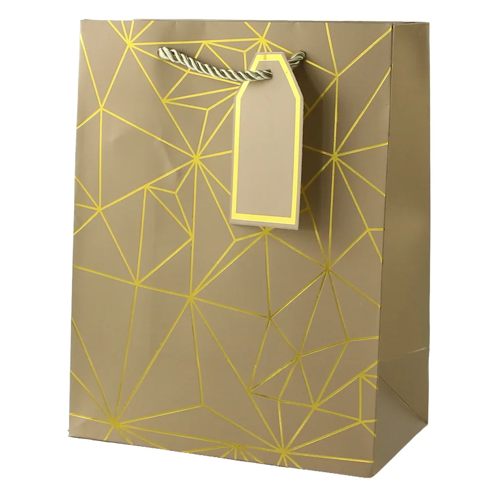 Punga cadou din hartie 26 x 32 cm cu eticheta si forme geometrice aurii
