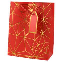 Punga cadou din hartie 26 x 32 cm cu eticheta si forme geometrice aurii