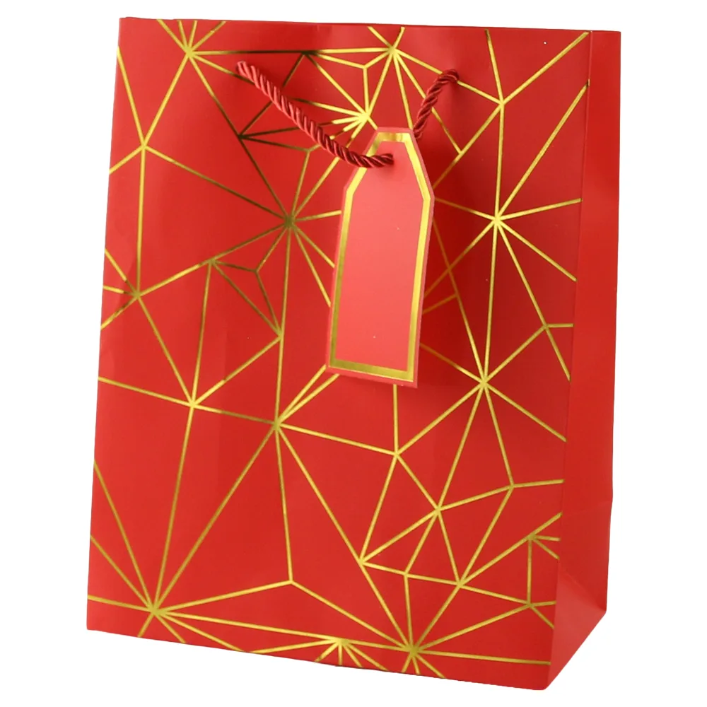 Punga cadou din hartie 26 x 32 cm cu eticheta si forme geometrice aurii