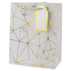 Punga cadou din hartie 26 x 32 cm cu eticheta si forme geometrice aurii