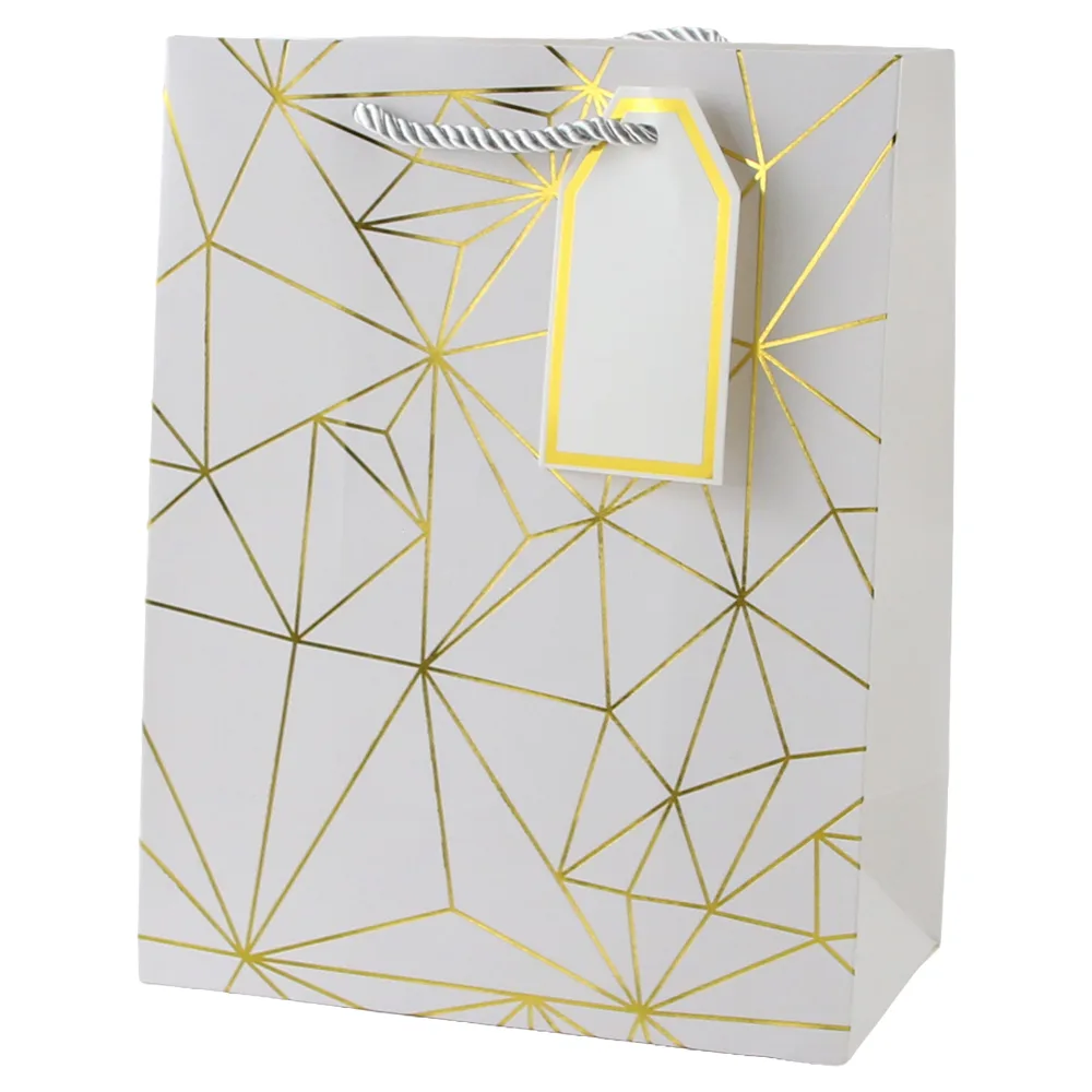 Punga cadou din hartie 26 x 32 cm cu eticheta si forme geometrice aurii