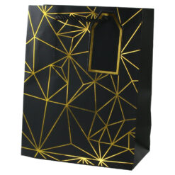 Punga cadou din hartie 26 x 32 cm cu eticheta si forme geometrice aurii