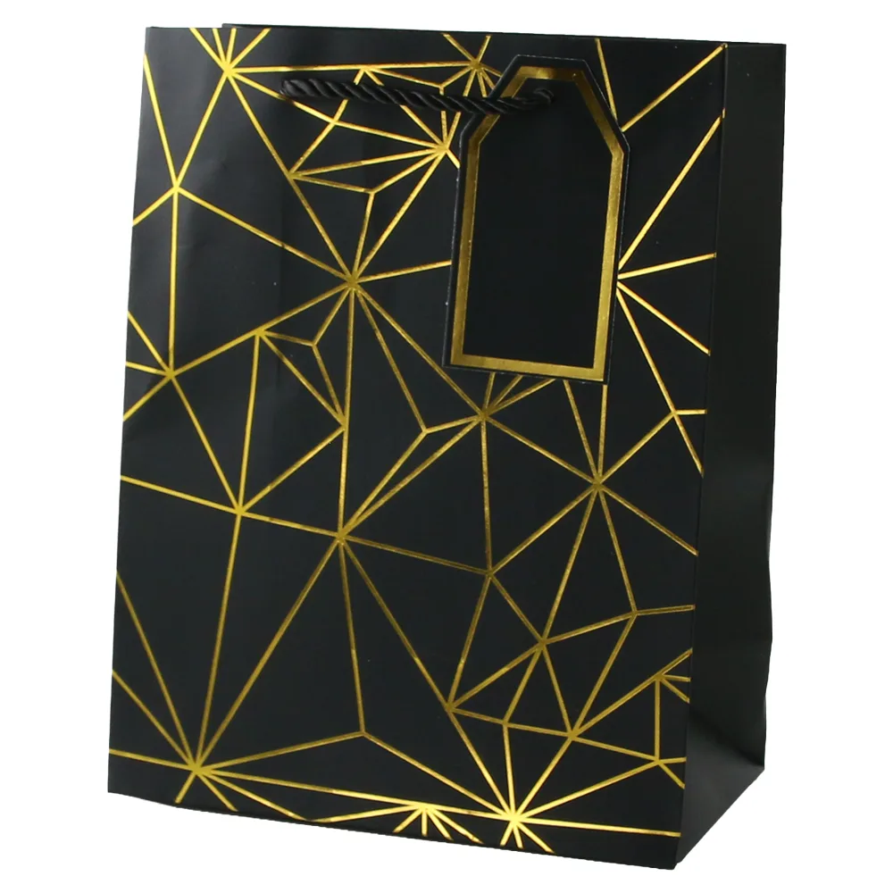 Punga cadou din hartie 26 x 32 cm cu eticheta si forme geometrice aurii