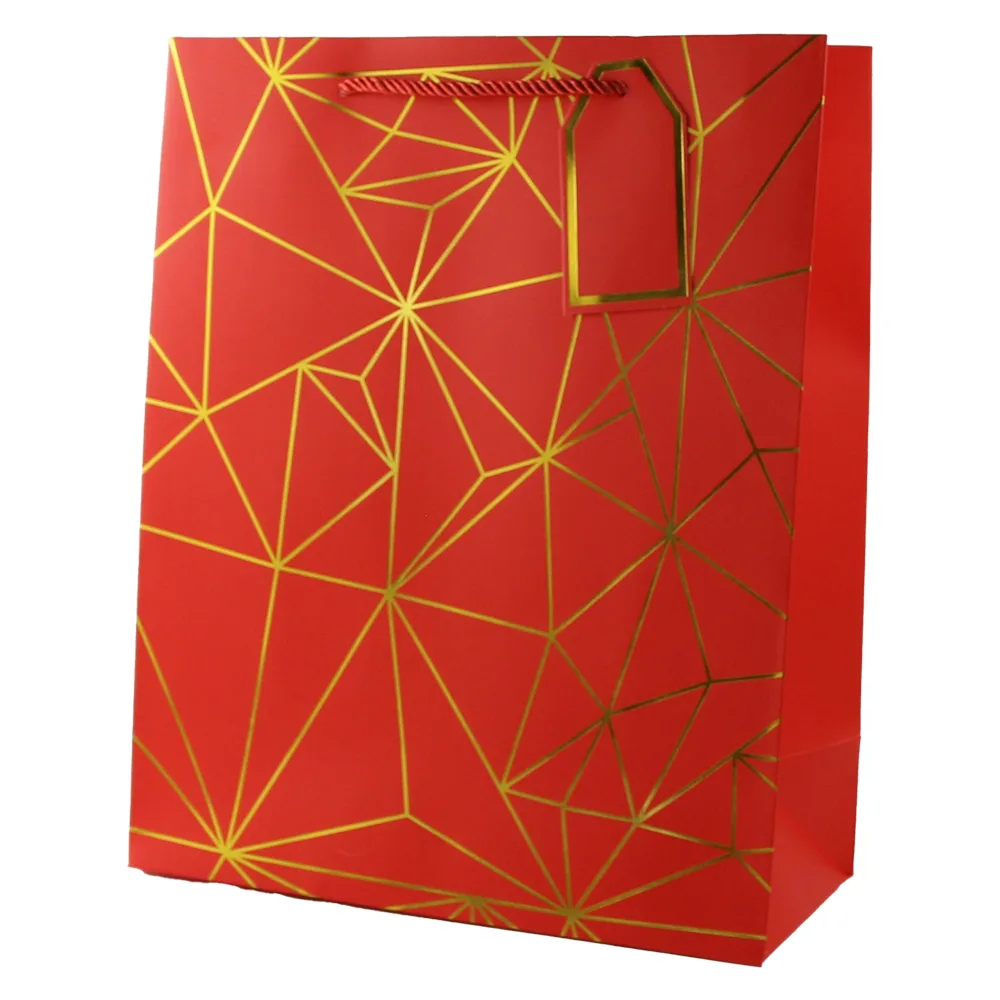 Punga cadou din hartie 31 x 44 cm cu eticheta si forme geometrice aurii