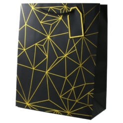 Punga cadou din hartie 31 x 44 cm cu eticheta si forme geometrice aurii