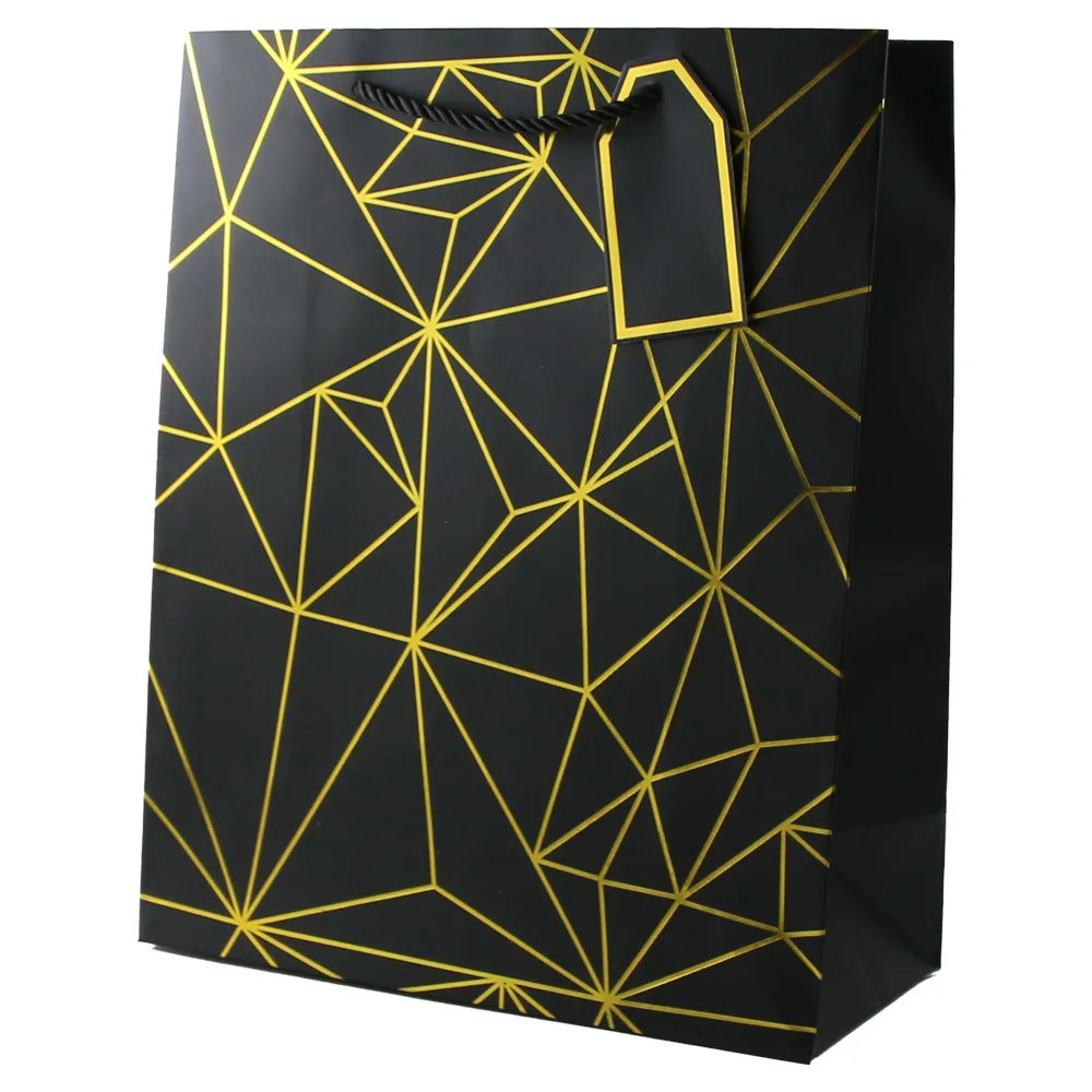Punga cadou din hartie 31 x 44 cm cu eticheta si forme geometrice aurii