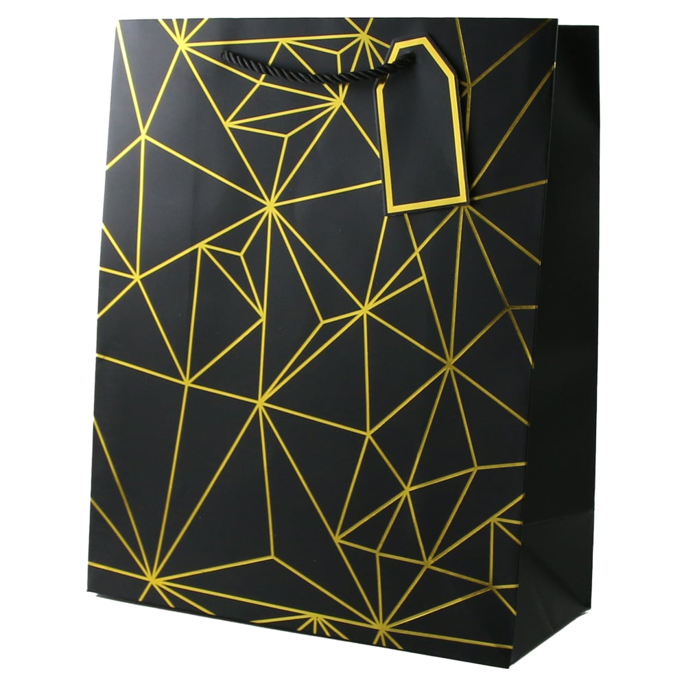 Punga cadou din hartie 31 x 44 cm cu eticheta si forme geometrice aurii Punga cadou din hartie 31 x 44 cm cu eticheta si forme geometrice aurii