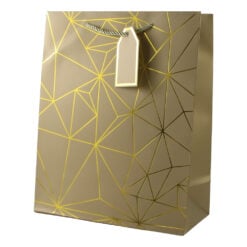 Punga cadou din hartie 31 x 44 cm cu eticheta si forme geometrice aurii