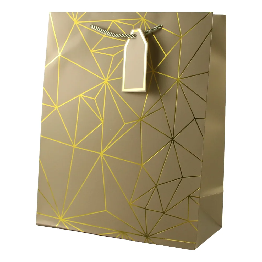 Punga cadou din hartie 31 x 44 cm cu eticheta si forme geometrice aurii