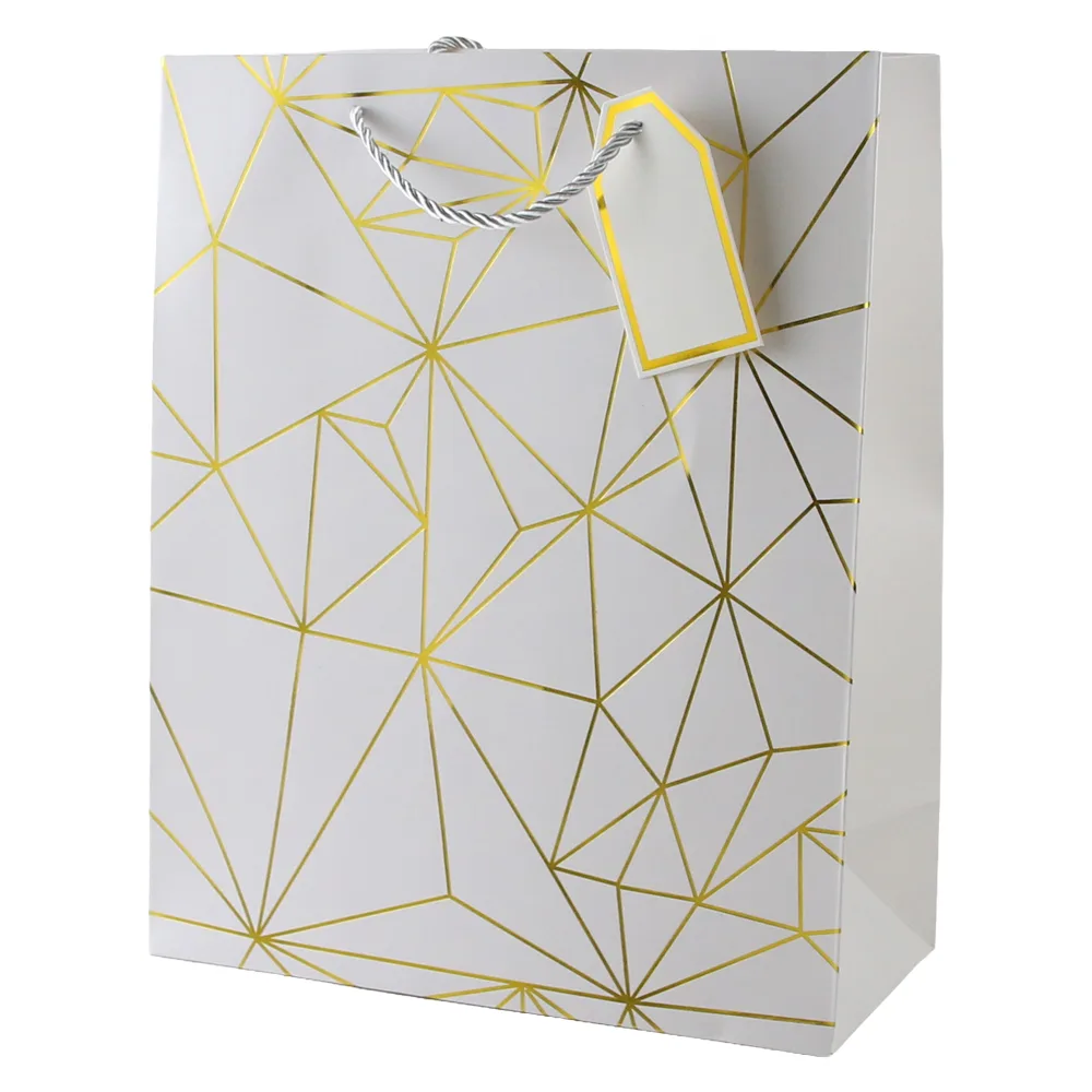 Punga cadou din hartie 31 x 44 cm cu eticheta si forme geometrice aurii