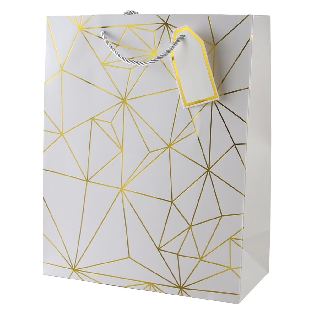 Punga cadou din hartie 31 x 44 cm cu eticheta si forme geometrice aurii Punga cadou din hartie 31 x 44 cm cu eticheta si forme geometrice aurii