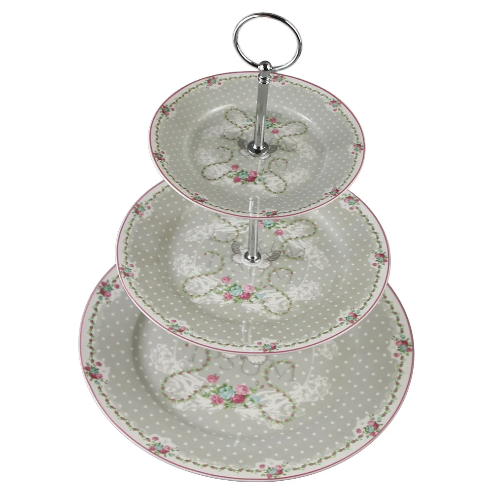 Platou etajat cu trei nivele din ceramica buline si trandafiri 27 / 19 / 15.5 cm Platou etajat cu trei nivele din ceramica buline si trandafiri 27 / 19 / 15.5 cm