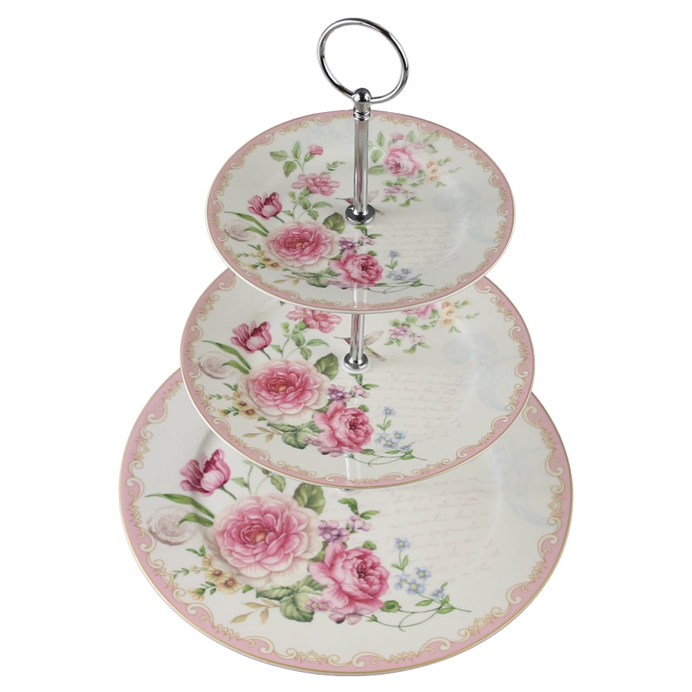 Platou etajat cu trei nivele din ceramica trandafiri roz 27 / 19 / 15.5 cm Platou etajat cu trei nivele din ceramica trandafiri roz 27 / 19 / 15.5 cm