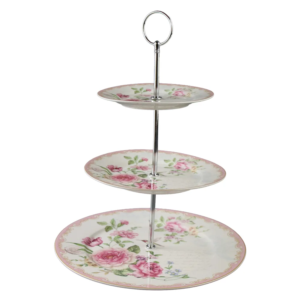Platou etajat cu trei nivele din ceramica trandafiri roz 27 / 19 / 15.5 cm