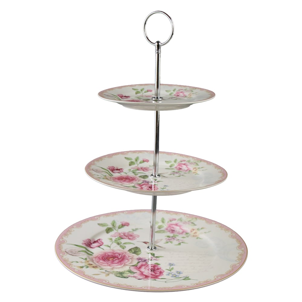 Platou etajat cu trei nivele din ceramica trandafiri roz 27 / 19 / 15.5 cm Platou etajat cu trei nivele din ceramica trandafiri roz 27 / 19 / 15.5 cm