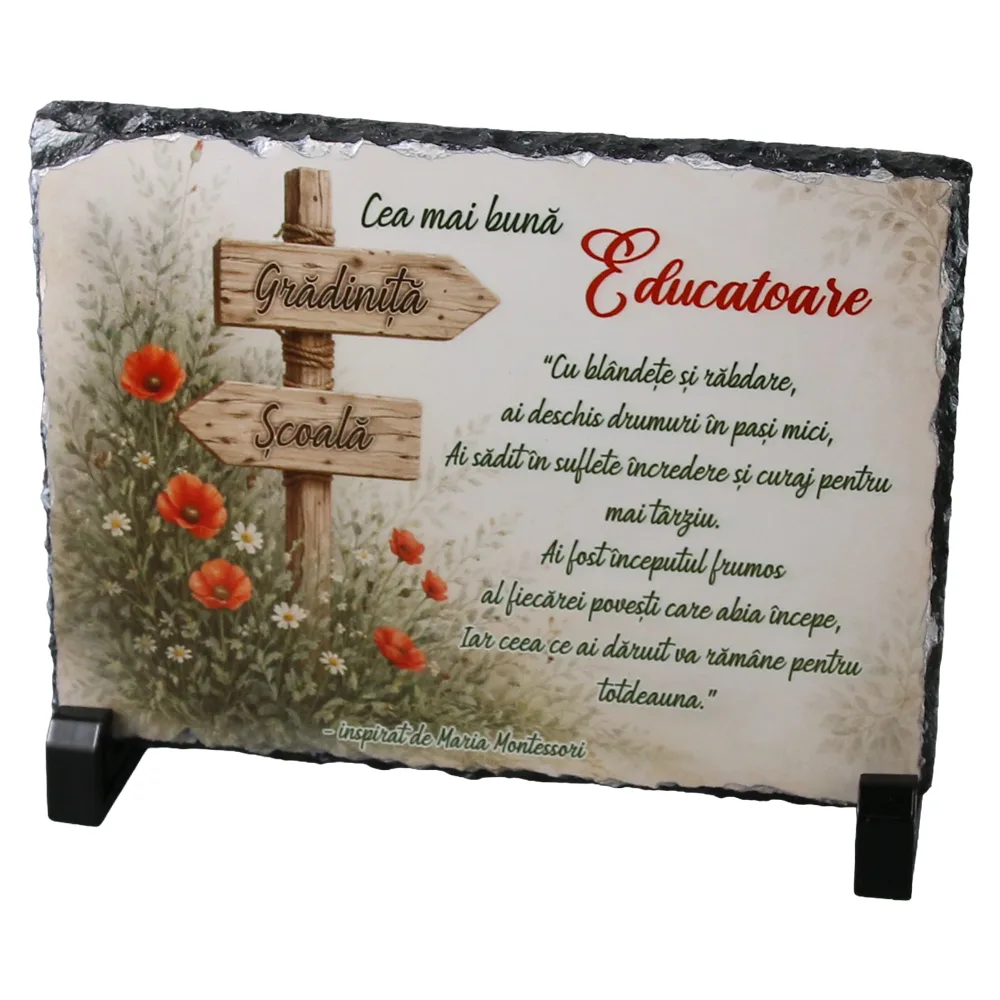 Placa din ardezie "Cea mai buna Educatoare..." 19 x 14 cm cu suporturi din plastic Placa din ardezie "Cea mai buna Educatoare..." 19 x 14 cm cu suporturi din plastic