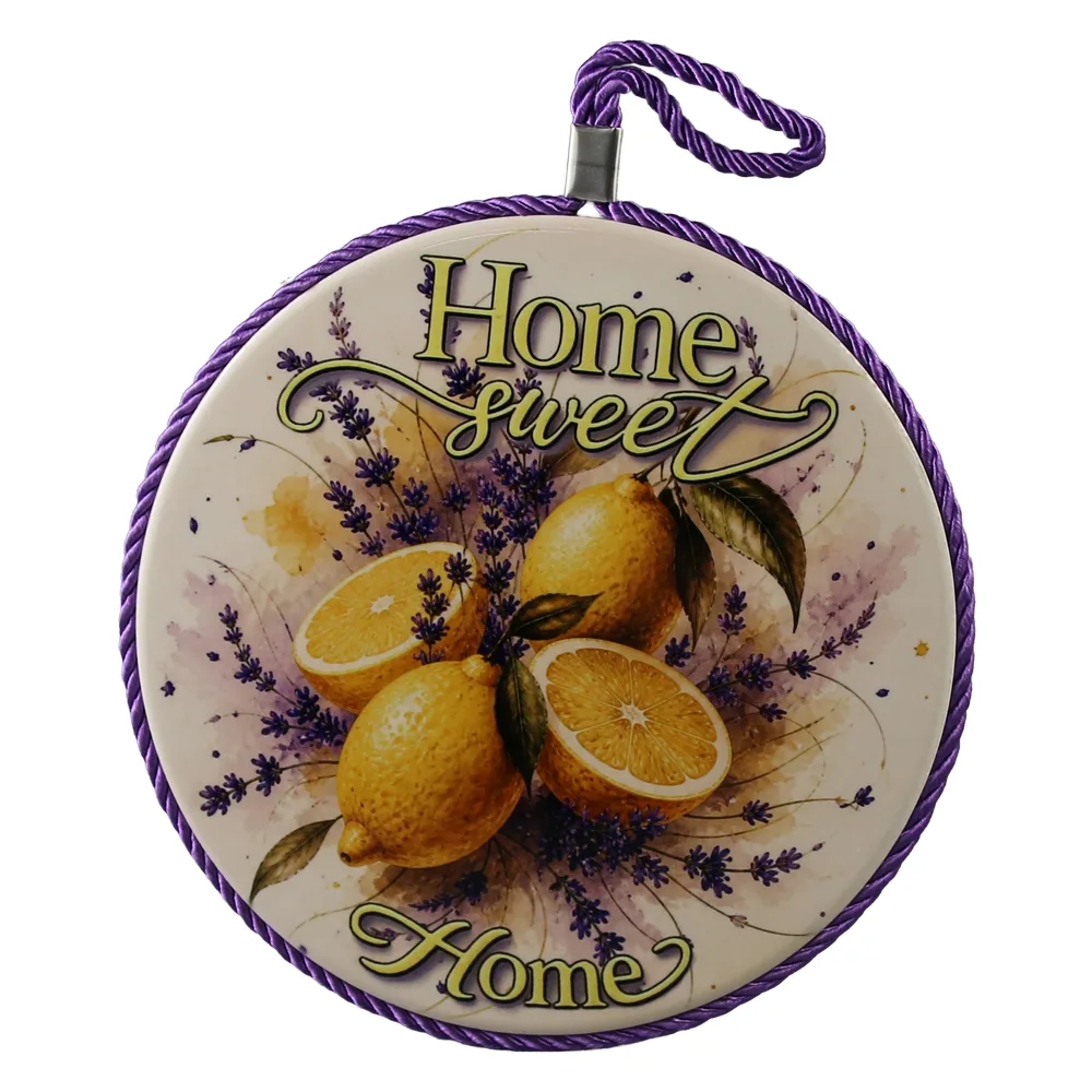 Decor de perete rotund din ceramica "Home Sweet Home" 17 cm cu lamai si lavanda