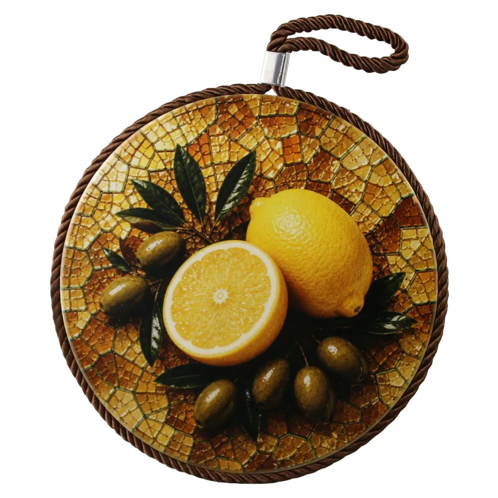 Decor de perete rotund din ceramica 17 cm mozaic cu lamai si masline