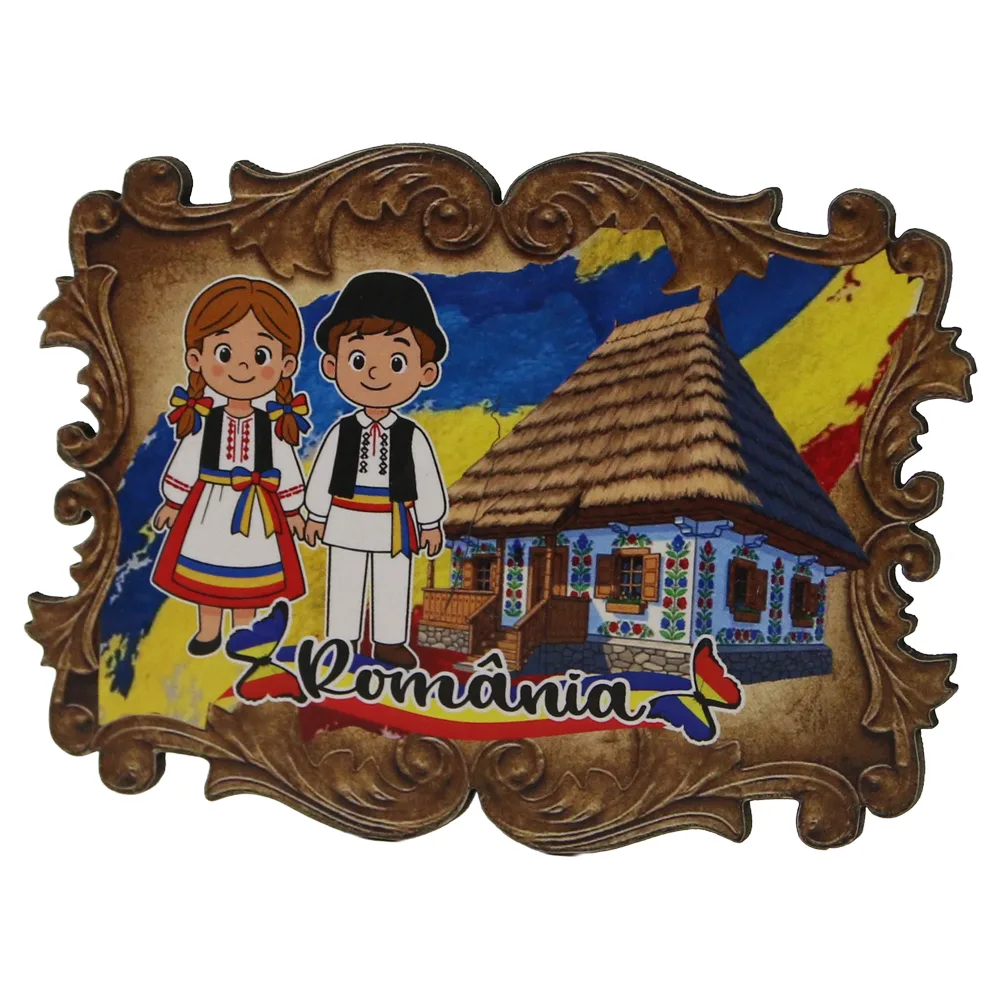 Magnet de frigider din placaj Romania 8 x 6 cm Casa Taraneasca