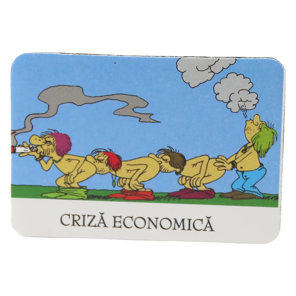 Magnet de frigider din plastic "Criza economica" 8 x 5.5 cm