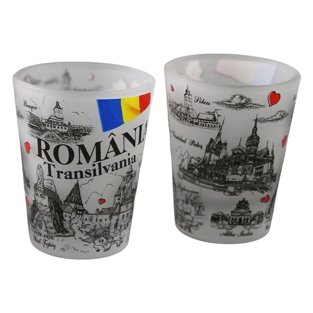 Set 2 pahare tarie din sticla "Romania / Transilvania" Castele Set 2 pahare tarie din sticla "Romania / Transilvania" Castele