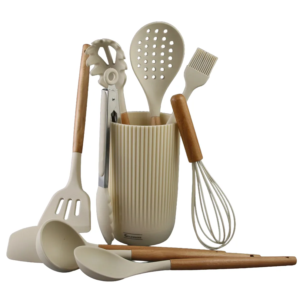 Set ustensile de bucatarie din silicon cu maner din lemn 10 piese