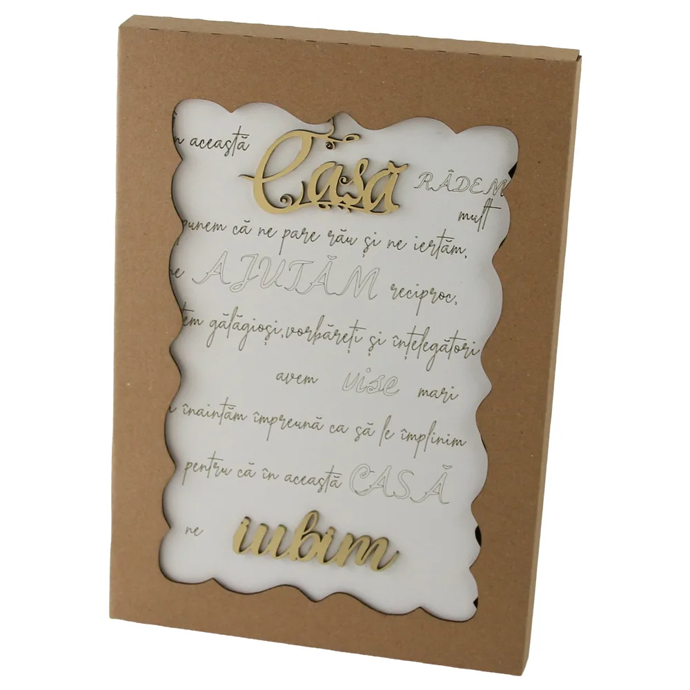 Tablou decorativ din placaj "In aceasta casa radem mult..." 18.5 x 28 cm cu suport Tablou decorativ din placaj "In aceasta casa radem mult..." 18.5 x 28 cm cu suport