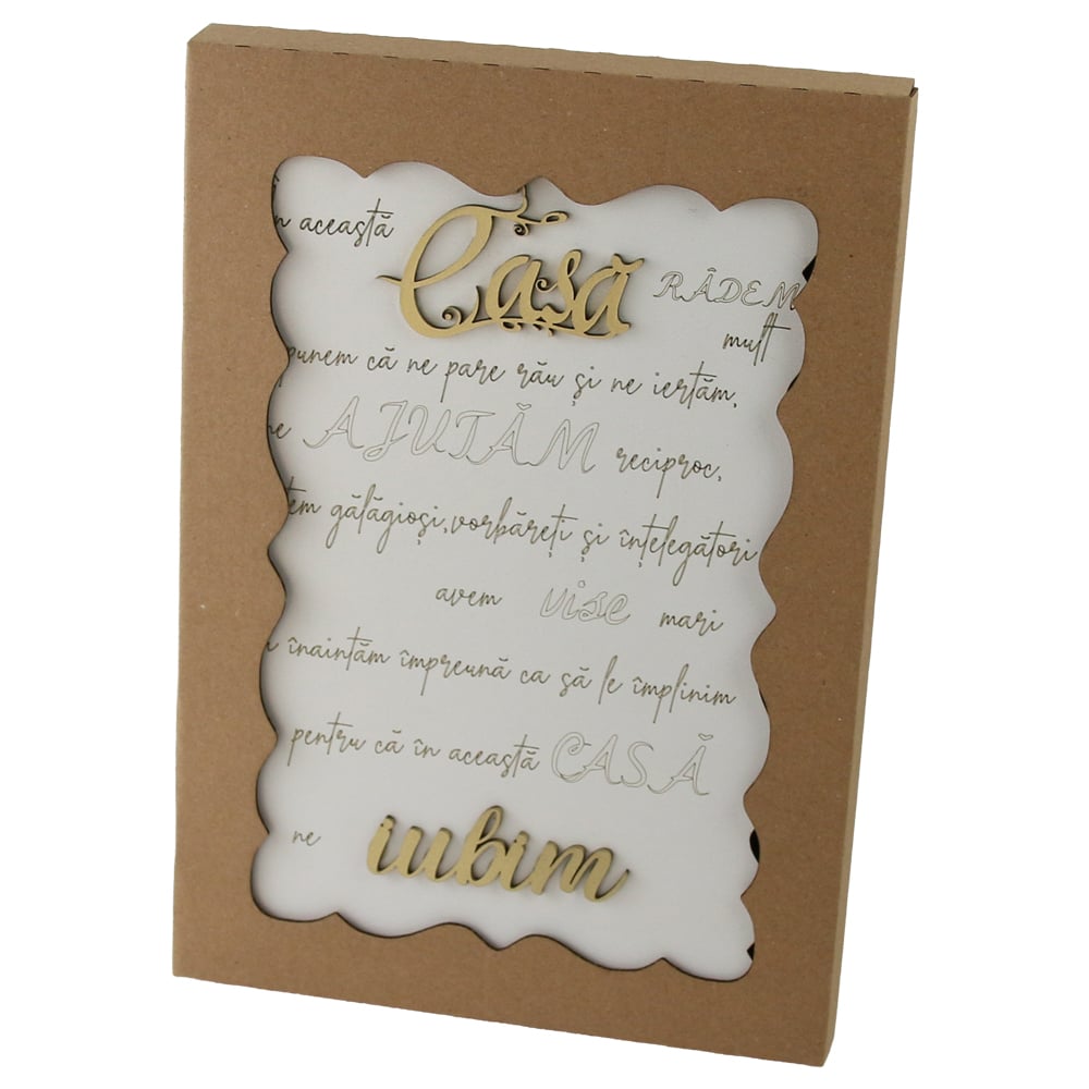 Tablou decorativ din placaj "In aceasta casa radem mult..." 18.5 x 28 cm cu suport Tablou decorativ din placaj "In aceasta casa radem mult..." 18.5 x 28 cm cu suport