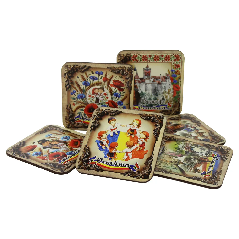Set 6 suporturi pahare din MDF Romania 9 x 9 cm Set 6 suporturi pahare din MDF Romania 9 x 9 cm
